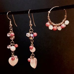 Pink & Mauve Dangle Earrings with Quartz Hearts